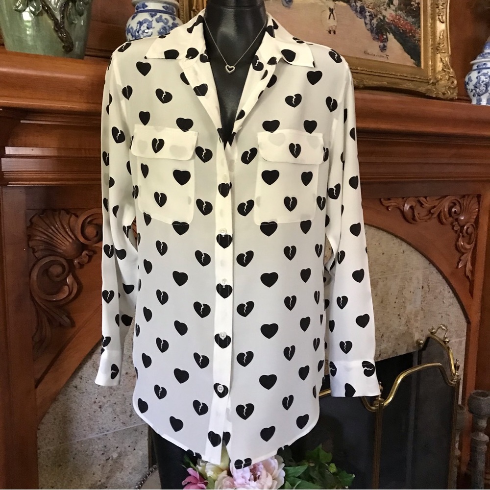 Equipment Silk Black & White Hearts Top M
